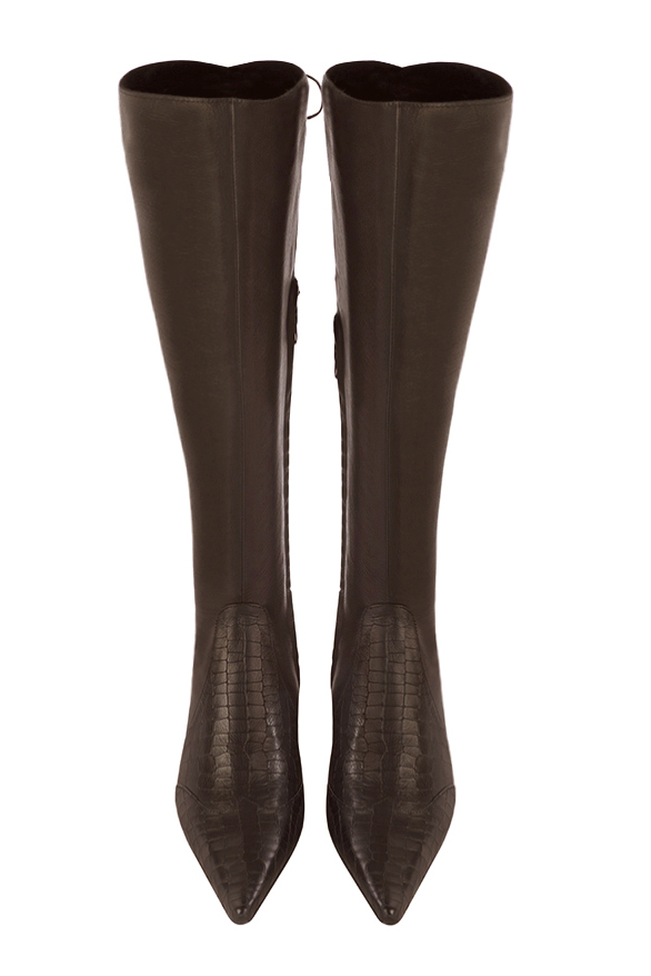 Dark brown women's knee-high boots, with laces at the back. Pointed toe. Low flare heels. Made to measure. Top view - Florence KOOIJMAN